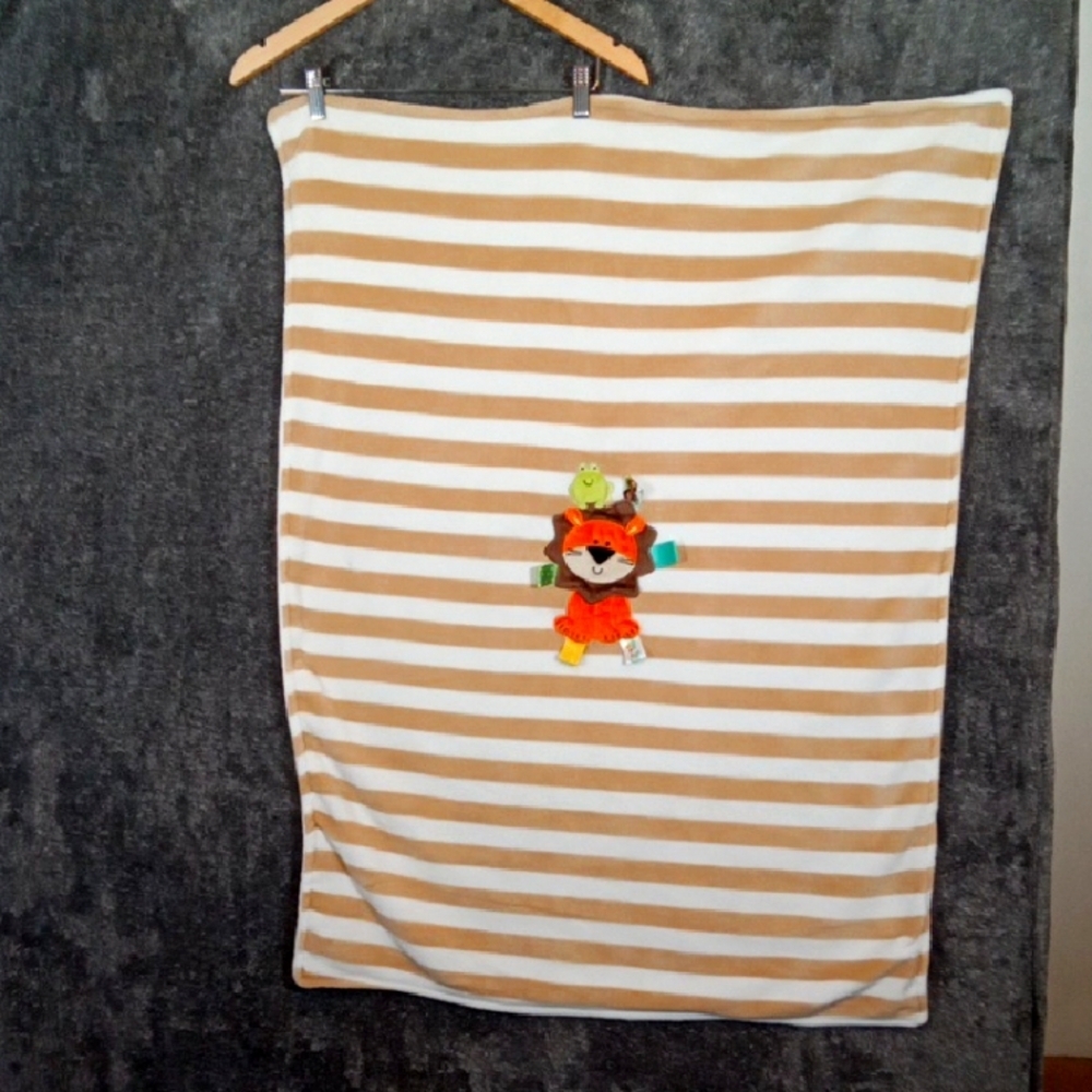 Taggies Baby Blanket Brown Tan Stripe Lion Frog Security Lovey Ribbons